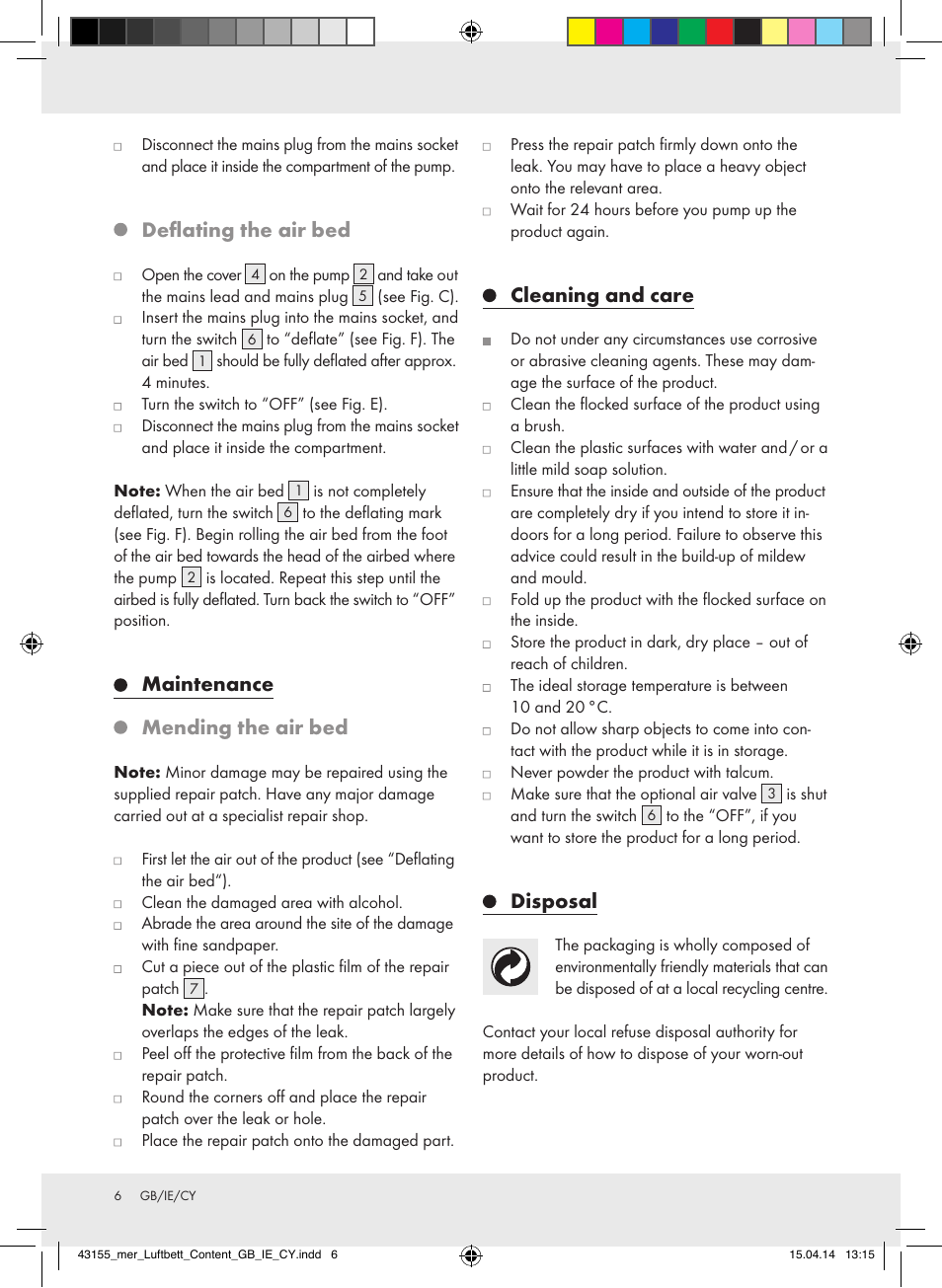 Deflating the air bed, Maintenance mending the air bed, Cleaning and care | Disposal | Meradiso Z32169-BS User Manual | Page 6 / 12