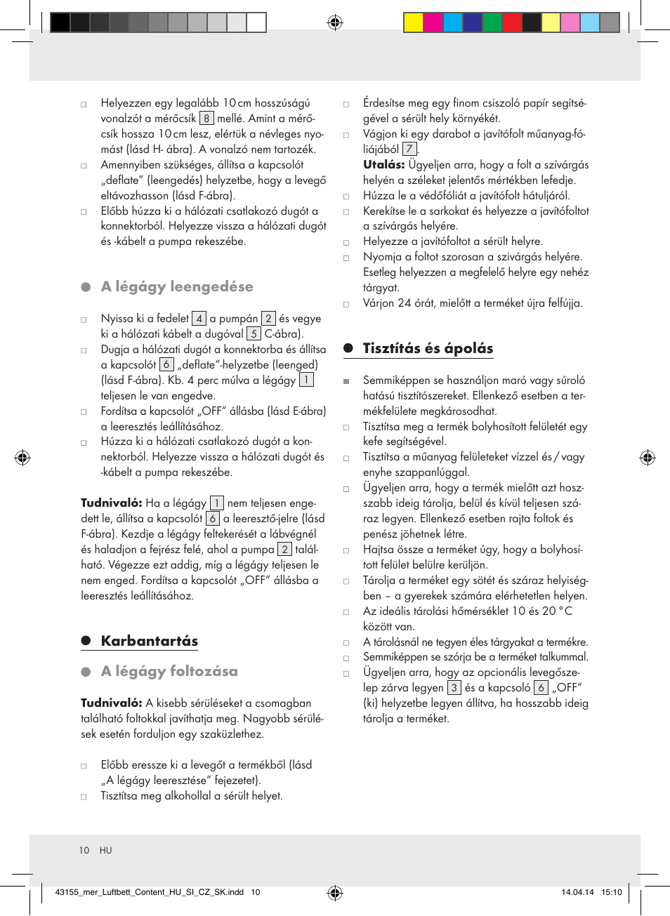 A légágy leengedése, Karbantartás, A légágy foltozása | Tisztítás és ápolás | Meradiso Z32169-BS User Manual | Page 10 / 29