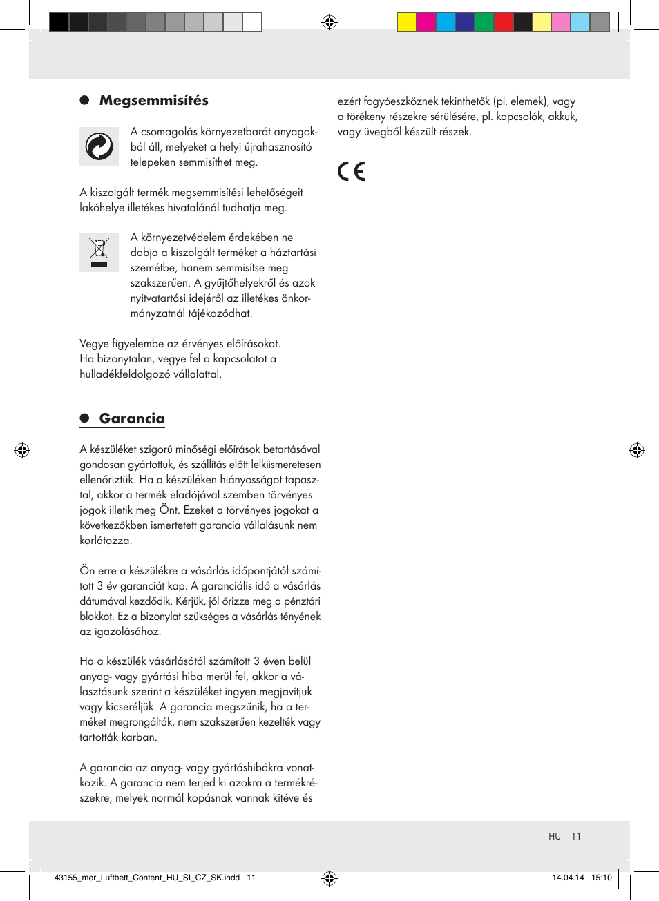 Megsemmisítés, Garancia | Meradiso Z32169-BS User Manual | Page 11 / 29