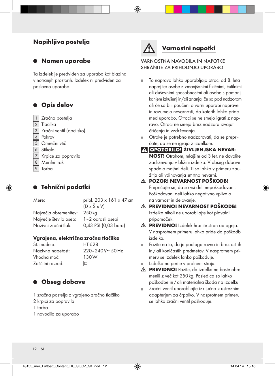 Napihljiva postelja, Namen uporabe, Opis delov | Tehnični podatki, Obseg dobave, Varnostni napotki | Meradiso Z32169-BS User Manual | Page 12 / 29