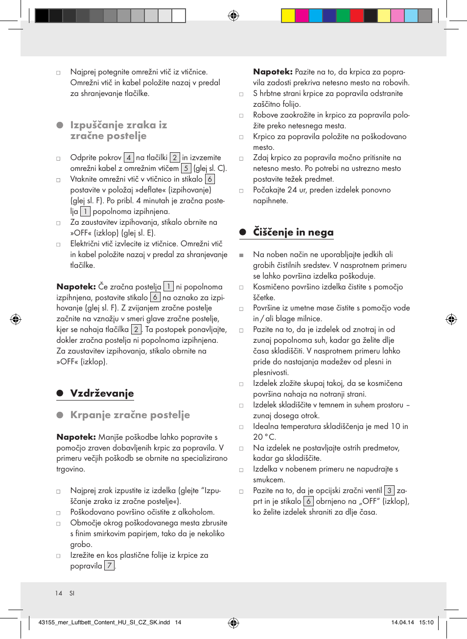 Izpuščanje zraka iz zračne postelje, Vzdrževanje, Krpanje zračne postelje | Čiščenje in nega | Meradiso Z32169-BS User Manual | Page 14 / 29