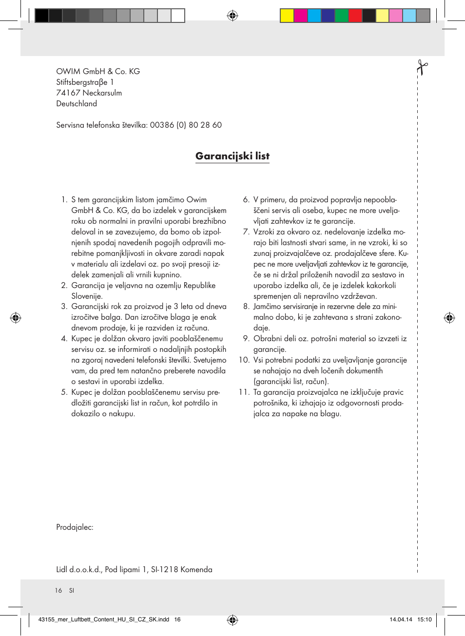 Garancijski list | Meradiso Z32169-BS User Manual | Page 16 / 29