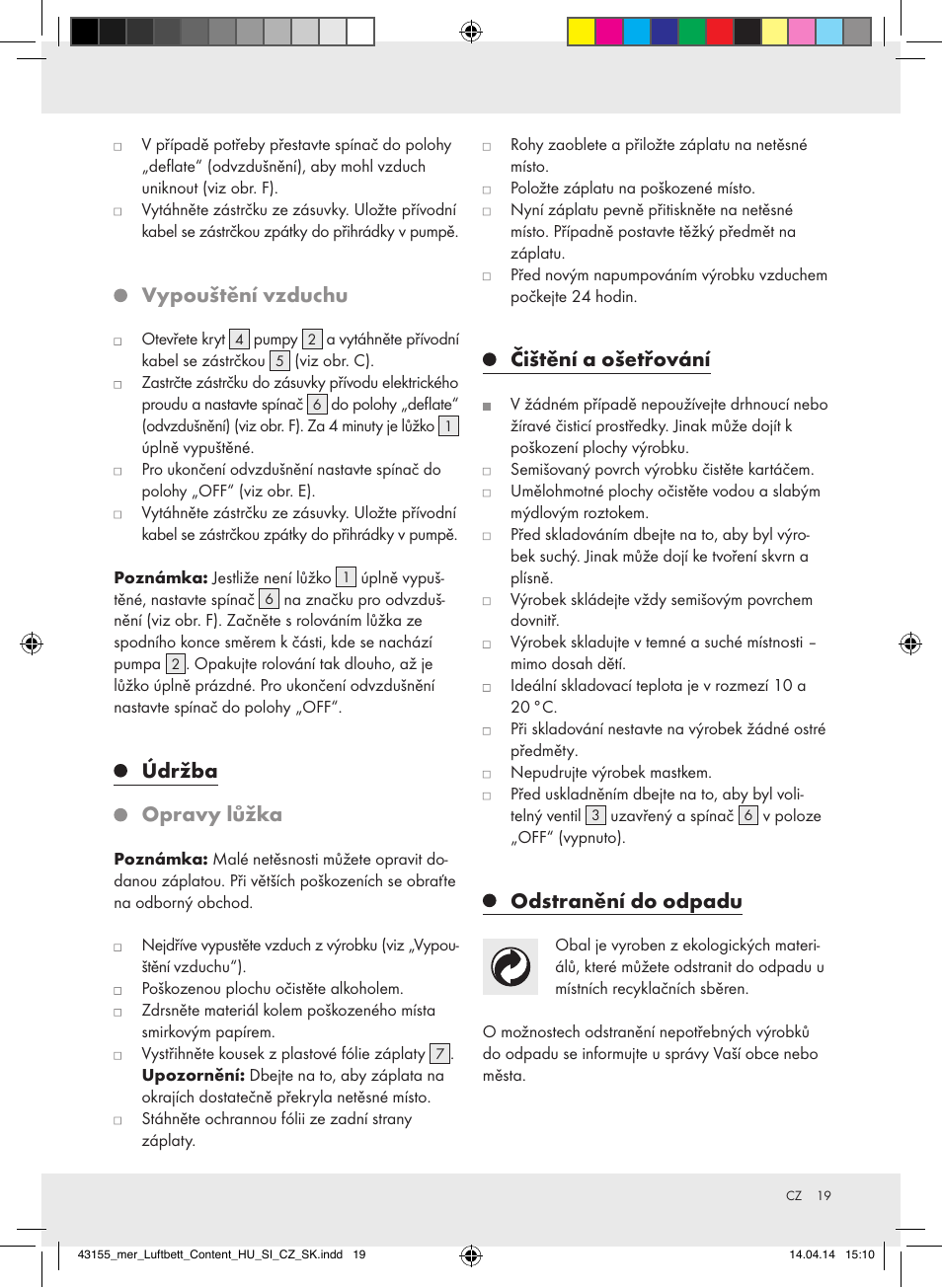 Vypouštění vzduchu, Údržba, Opravy lůžka | Čištění a ošetřování, Odstranění do odpadu | Meradiso Z32169-BS User Manual | Page 19 / 29