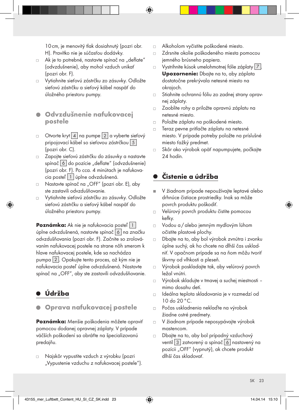 Odvzdušnenie nafukovacej postele, Údržba, Oprava nafukovacej postele | Čistenie a údržba | Meradiso Z32169-BS User Manual | Page 23 / 29