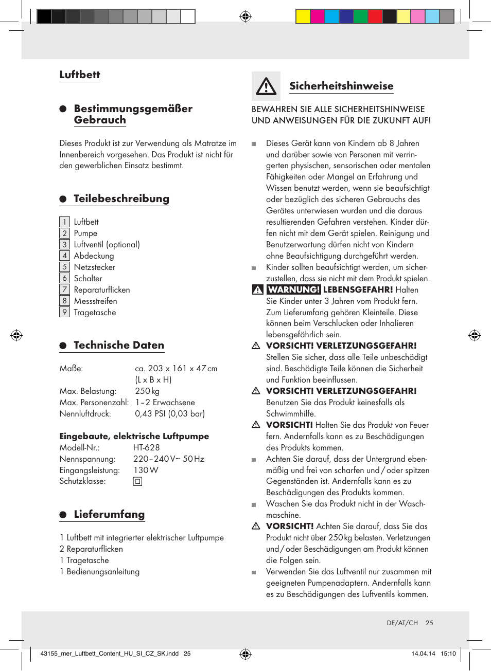 Luftbett, Bestimmungsgemäßer gebrauch, Teilebeschreibung | Technische daten, Lieferumfang, Sicherheitshinweise | Meradiso Z32169-BS User Manual | Page 25 / 29