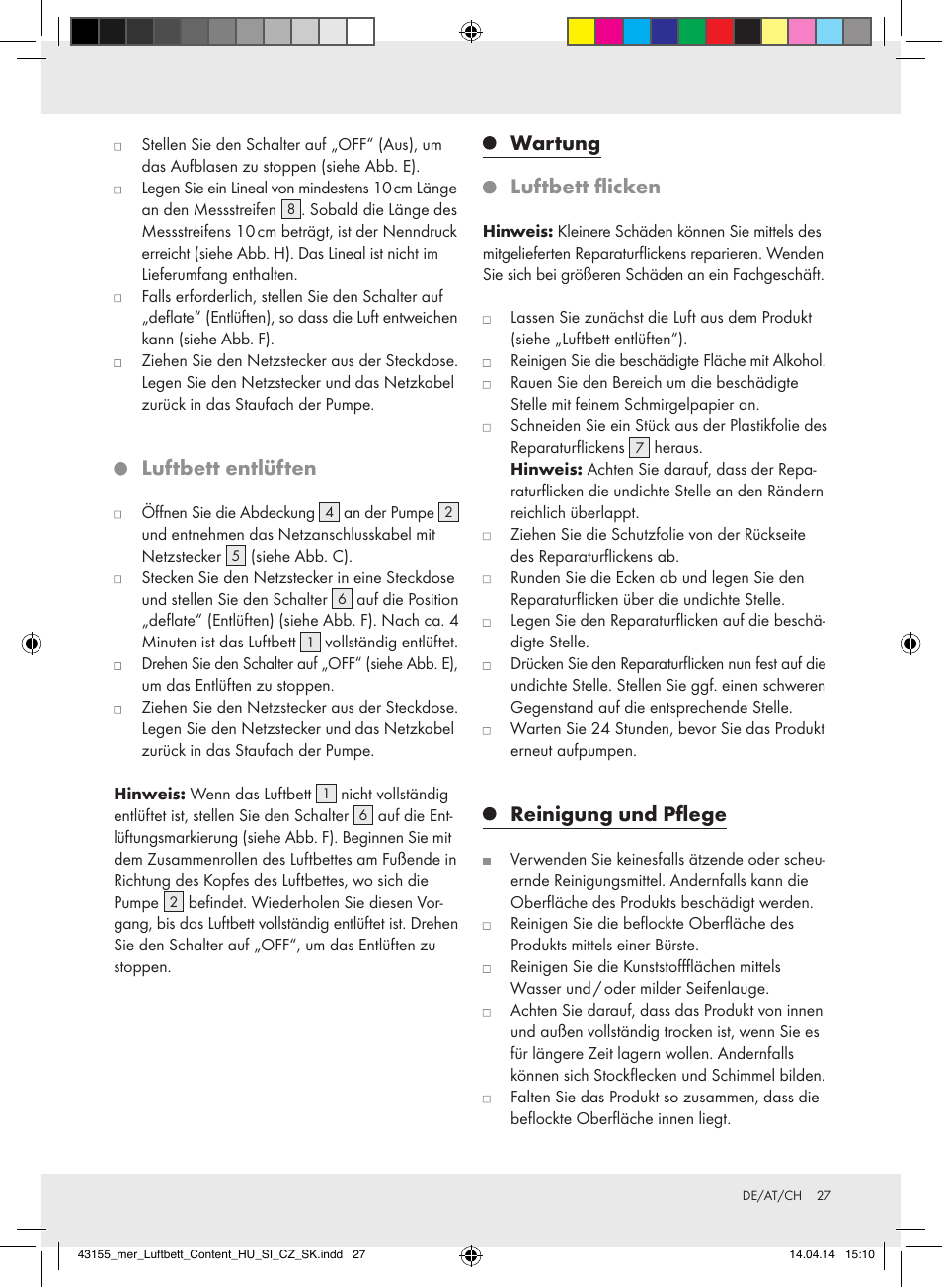 Luftbett entlüften, Wartung, Luftbett flicken | Reinigung und pflege | Meradiso Z32169-BS User Manual | Page 27 / 29