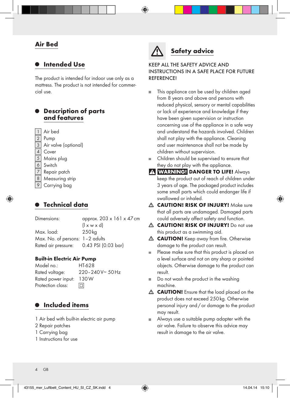 Air bed intended use, Description of parts and features, Technical data | Included items, Safety advice | Meradiso Z32169-BS User Manual | Page 4 / 29