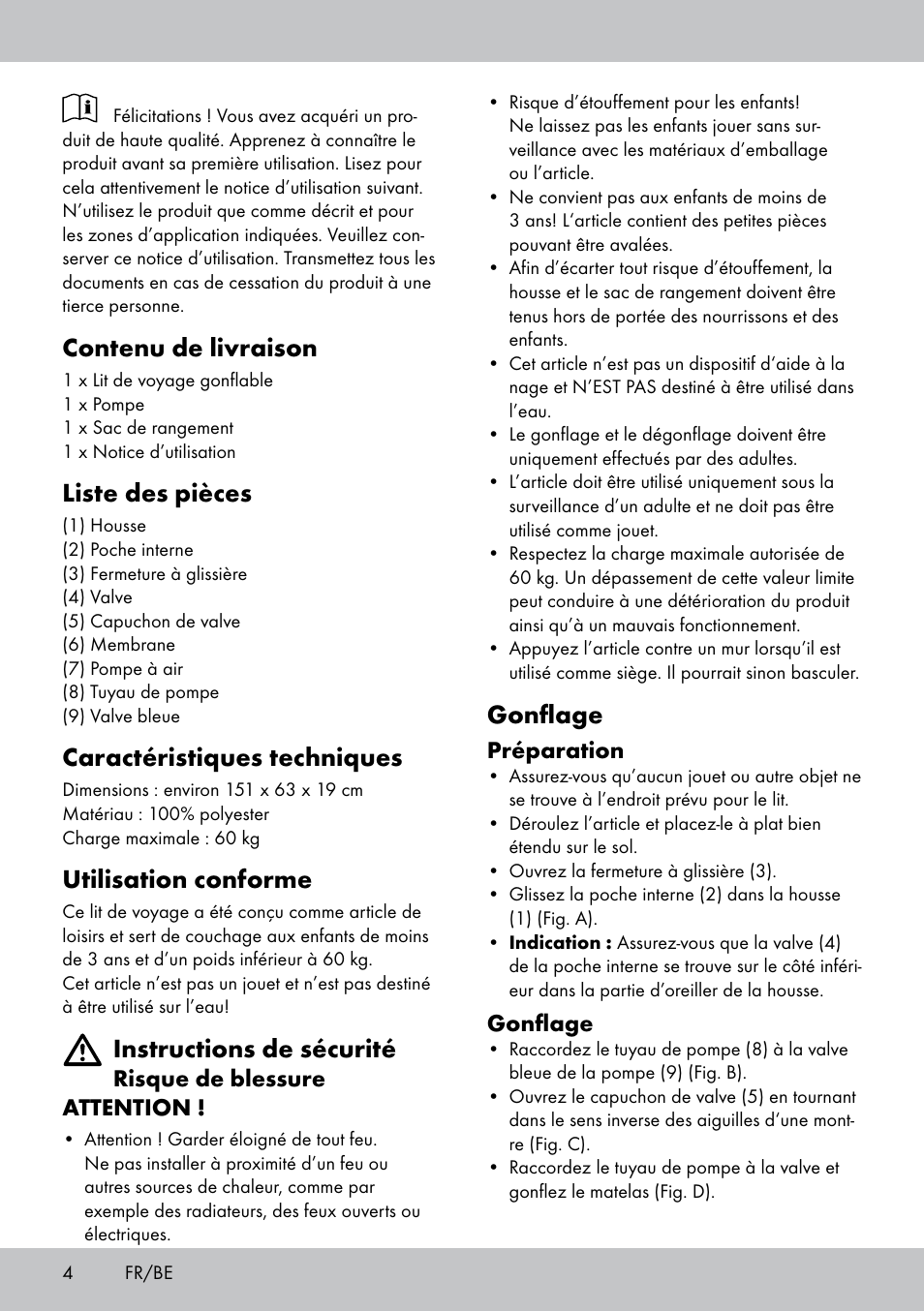 Contenu de livraison, Liste des pièces, Caractéristiques techniques | Utilisation conforme, Instructions de sécurité, Gonflage | Meradiso KR-1678 User Manual | Page 4 / 12