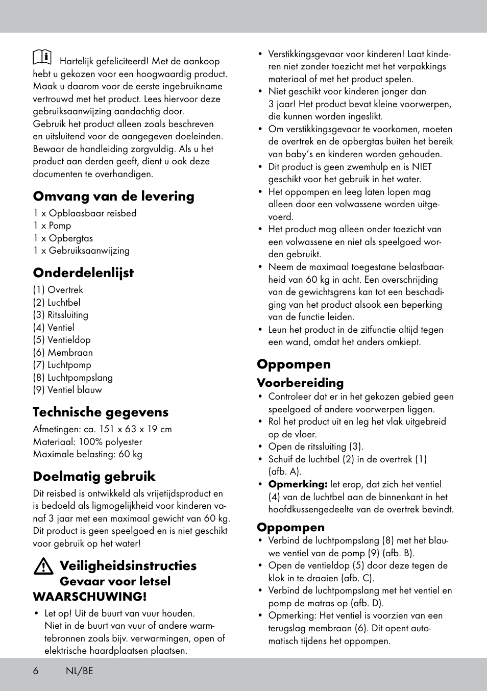 Omvang van de levering, Onderdelenlijst, Technische gegevens | Doelmatig gebruik, Veiligheidsinstructies, Oppompen | Meradiso KR-1678 User Manual | Page 6 / 12
