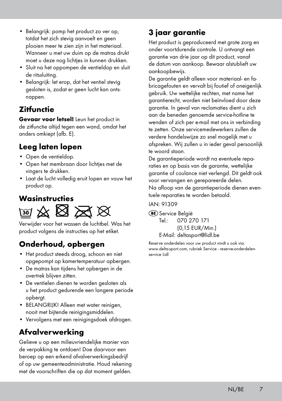 Zitfunctie, Leeg laten lopen, Wasinstructies | Onderhoud, opbergen, Afvalverwerking, 3 jaar garantie | Meradiso KR-1678 User Manual | Page 7 / 12