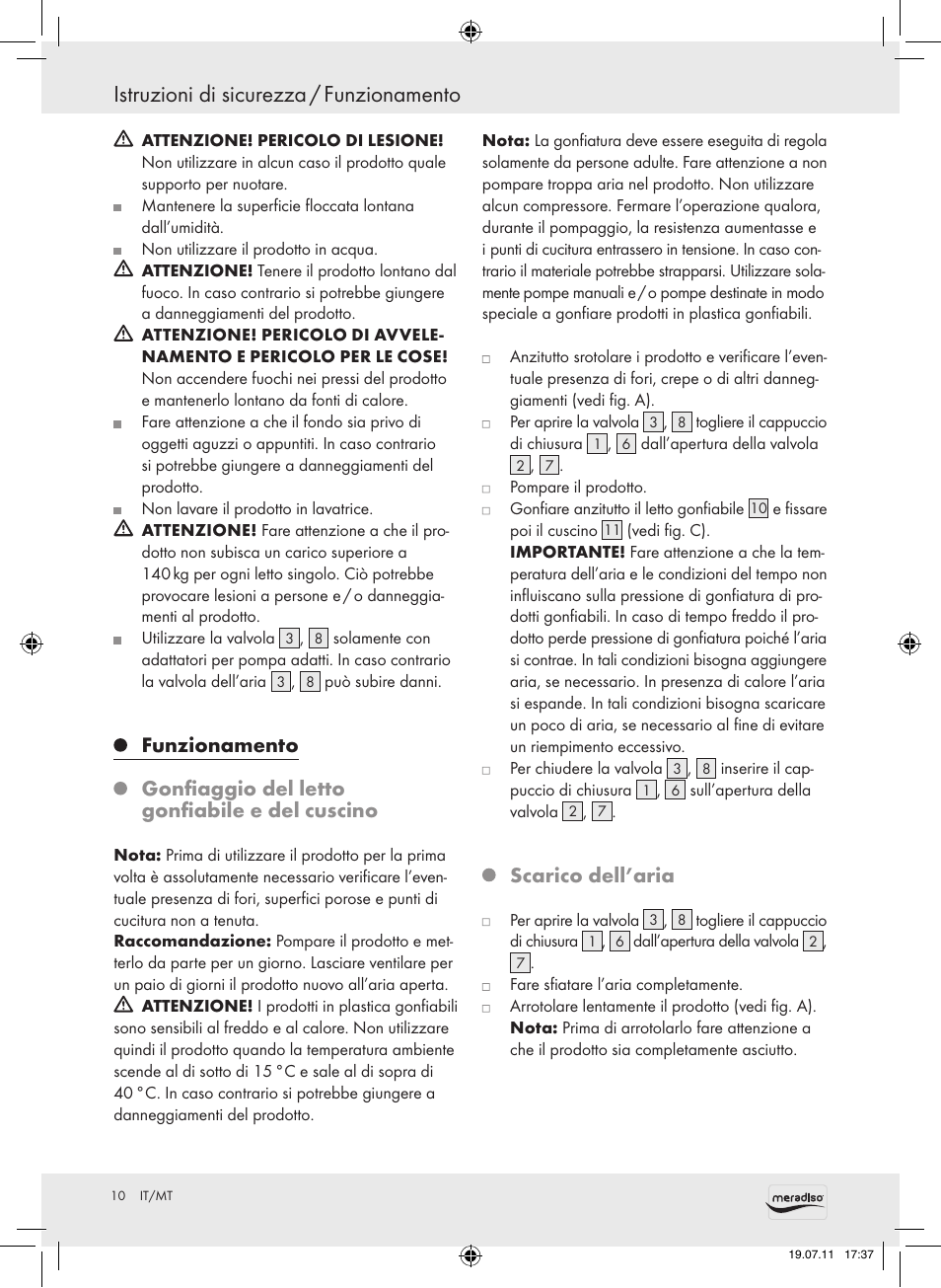 Istruzioni di sicurezza / funzionamento, Funzionamento, Gonfiaggio del letto gonfiabile e del cuscino | Scarico dell’aria | Meradiso Z30155 User Manual | Page 10 / 23