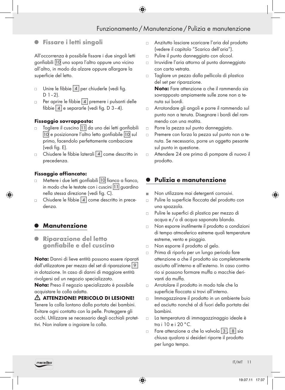 Fissare i letti singoli, Manutenzione, Riparazione del letto gonfiabile e del cuscino | Pulizia e manutenzione | Meradiso Z30155 User Manual | Page 11 / 23