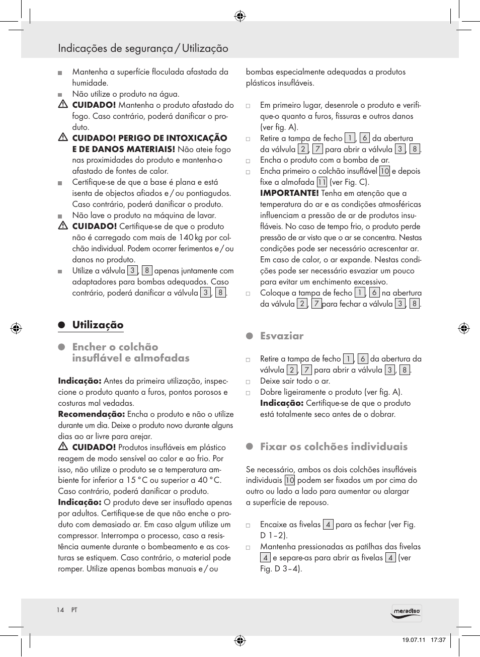 Indicações de segurança / utilização, Utilização, Encher o colchão insuflável e almofadas | Esvaziar, Fixar os colchões individuais | Meradiso Z30155 User Manual | Page 14 / 23