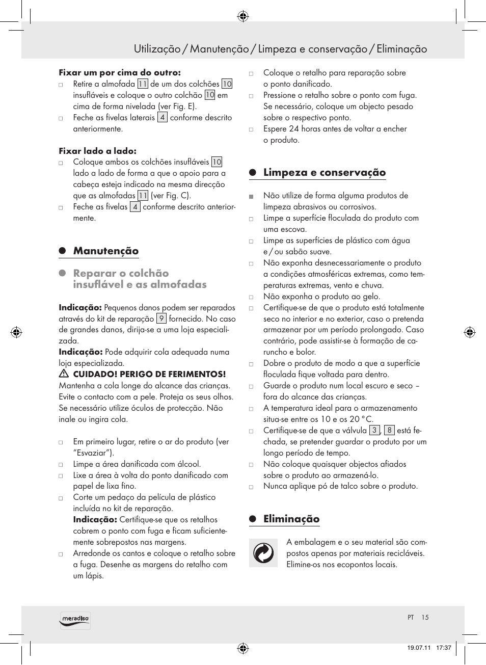 Manutenção, Reparar o colchão insuflável e as almofadas, Limpeza e conservação | Eliminação | Meradiso Z30155 User Manual | Page 15 / 23