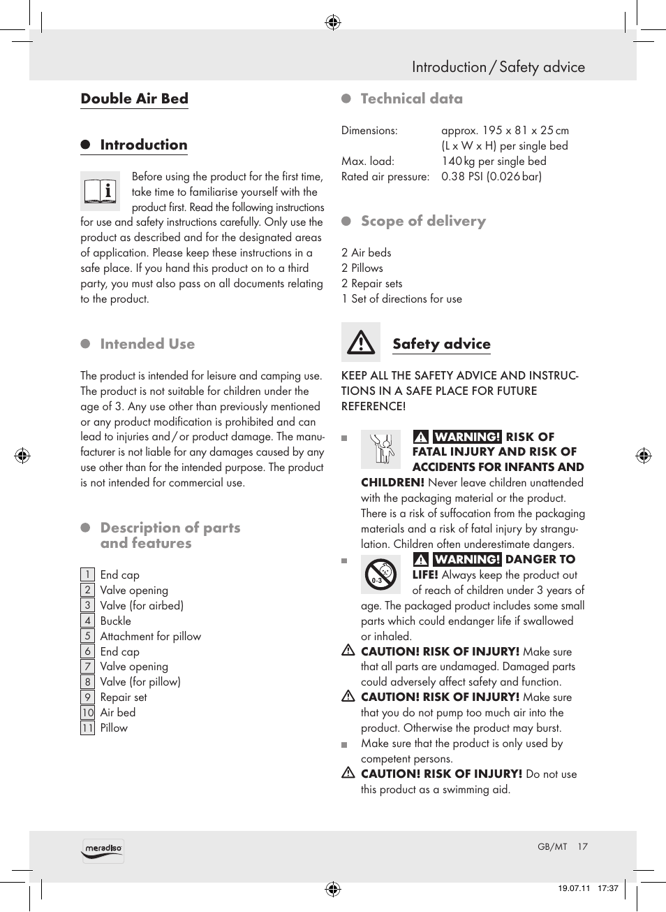 Introduction / safety advice, Double air bed introduction, Intended use | Description of parts and features, Technical data, Scope of delivery, Safety advice | Meradiso Z30155 User Manual | Page 17 / 23