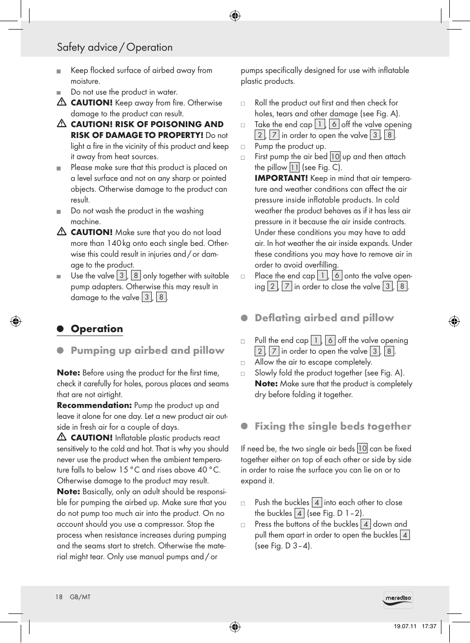 Safety advice / operation, Operation, Pumping up airbed and pillow | Deflating airbed and pillow, Fixing the single beds together | Meradiso Z30155 User Manual | Page 18 / 23