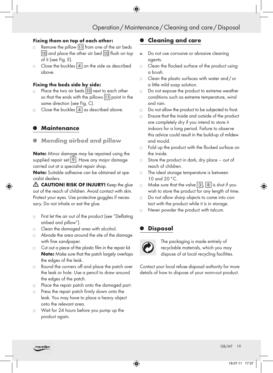 Maintenance, Mending airbed and pillow, Cleaning and care | Disposal | Meradiso Z30155 User Manual | Page 19 / 23
