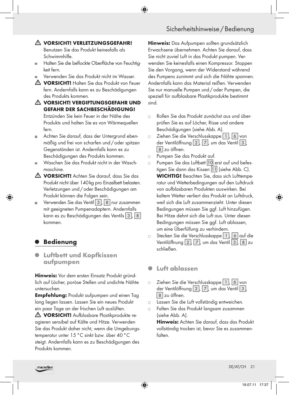 Sicherheitshinweise / bedienung, Bedienung, Luftbett und kopfkissen aufpumpen | Luft ablassen | Meradiso Z30155 User Manual | Page 21 / 23