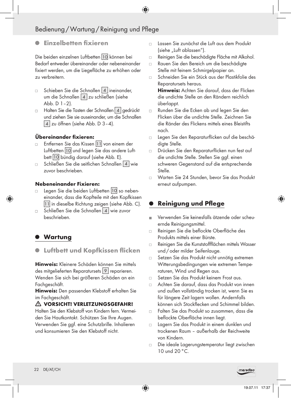 Bedienung / wartung / reinigung und pflege, Einzelbetten fixieren, Wartung luftbett und kopfkissen flicken | Reinigung und pflege | Meradiso Z30155 User Manual | Page 22 / 23