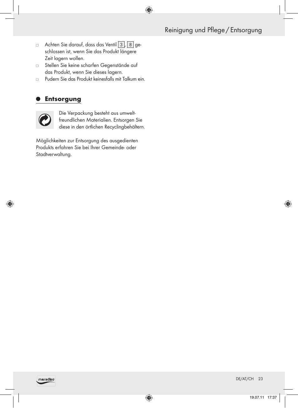 Reinigung und pflege / entsorgung, Entsorgung | Meradiso Z30155 User Manual | Page 23 / 23