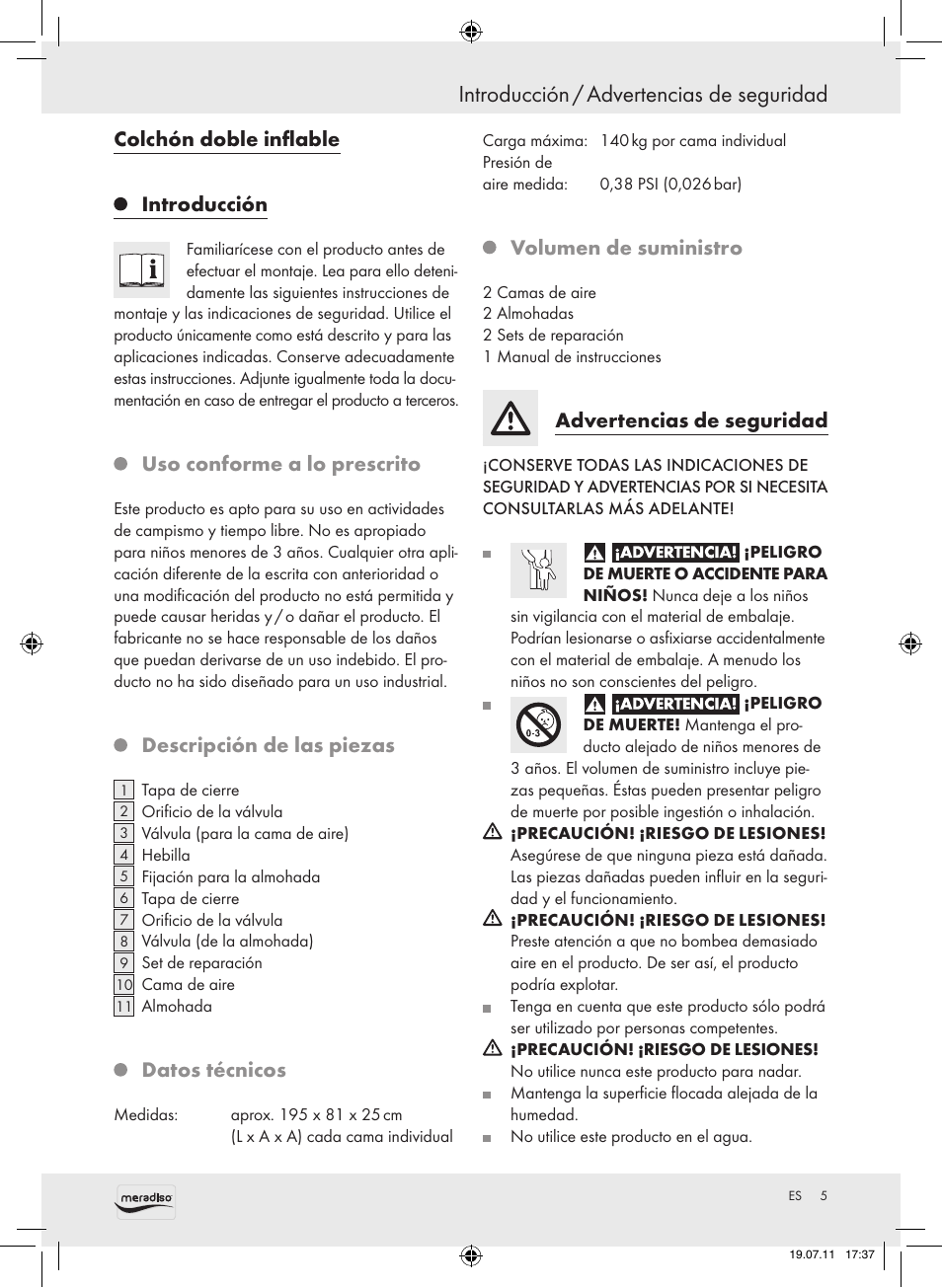 Introducción / advertencias de seguridad, Colchón doble inflable introducción, Uso conforme a lo prescrito | Descripción de las piezas, Datos técnicos, Volumen de suministro, Advertencias de seguridad | Meradiso Z30155 User Manual | Page 5 / 23
