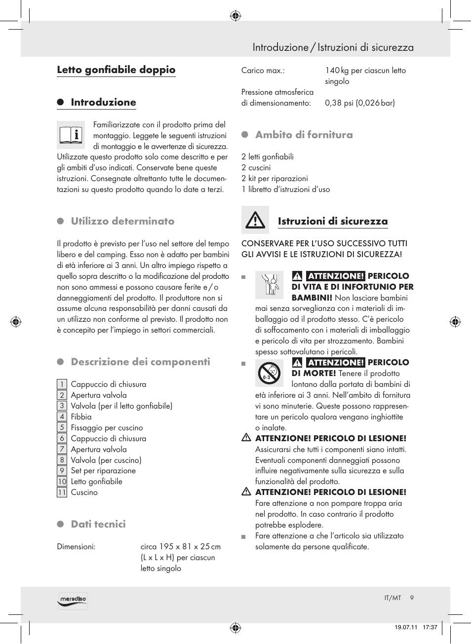 Introduzione / istruzioni di sicurezza, Letto gonfiabile doppio introduzione, Utilizzo determinato | Descrizione dei componenti, Dati tecnici, Ambito di fornitura, Istruzioni di sicurezza | Meradiso Z30155 User Manual | Page 9 / 23