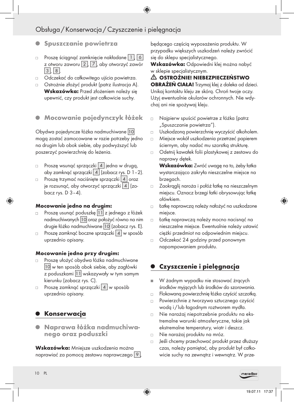 Obsługa / konserwacja / czyszczenie i pielęgnacja, Spuszczanie powietrza, Mocowanie pojedynczyk łόżek | Czyszczenie i pielęgnacja | Meradiso Z30155 User Manual | Page 10 / 30