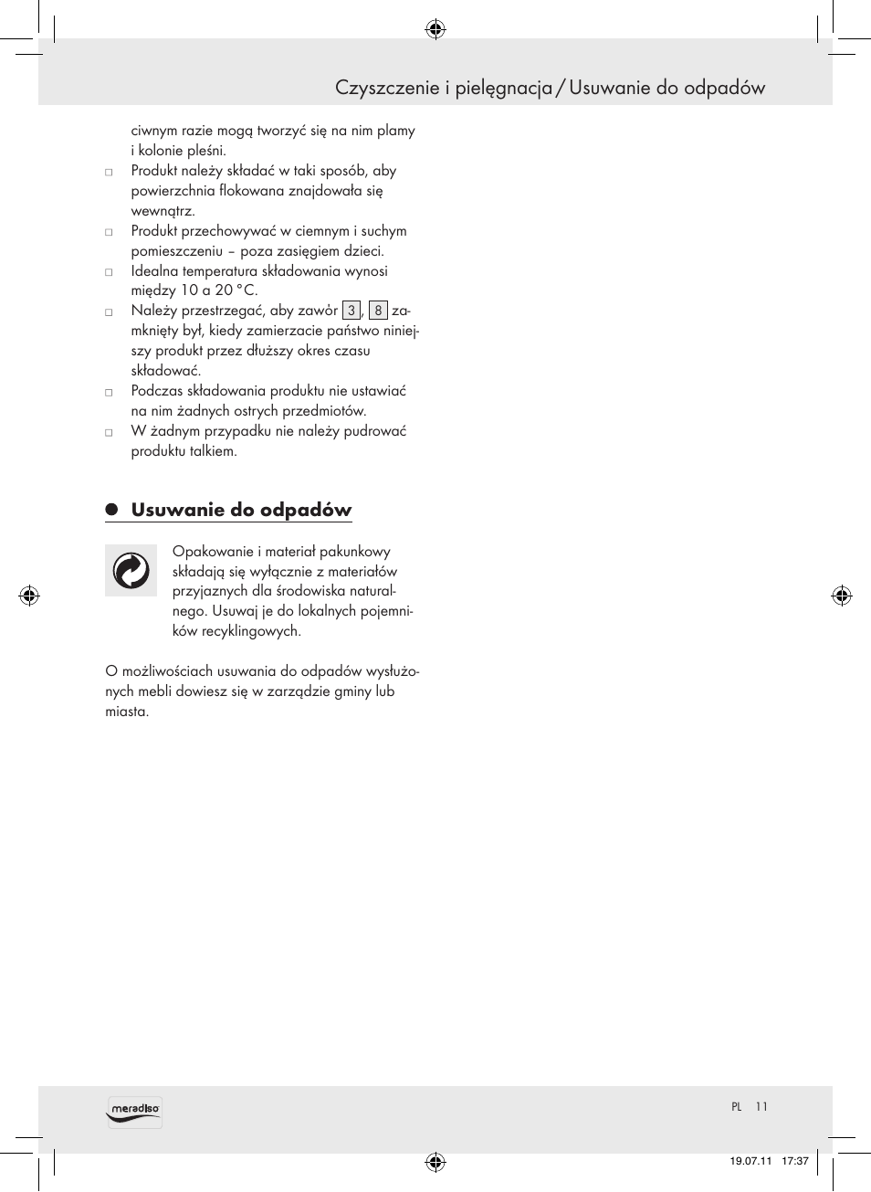 Czyszczenie i pielęgnacja / usuwanie do odpadów, Usuwanie do odpadów | Meradiso Z30155 User Manual | Page 11 / 30