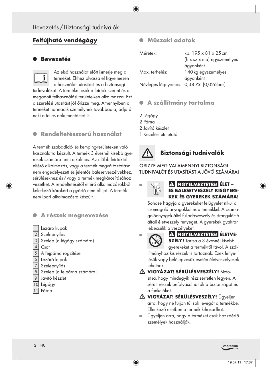 Bevezetés / biztonsági tudnivalók, Felfújható vendégágy bevezetés, Rendeltetésszerű használat | A részek megnevezése, Műszaki adatok, A szállítmány tartalma, Biztonsági tudnivalók | Meradiso Z30155 User Manual | Page 12 / 30