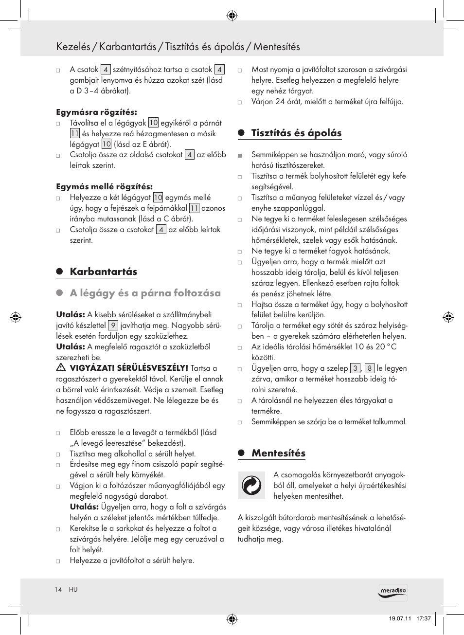 Karbantartás, A légágy és a párna foltozása, Tisztítás és ápolás | Mentesítés | Meradiso Z30155 User Manual | Page 14 / 30