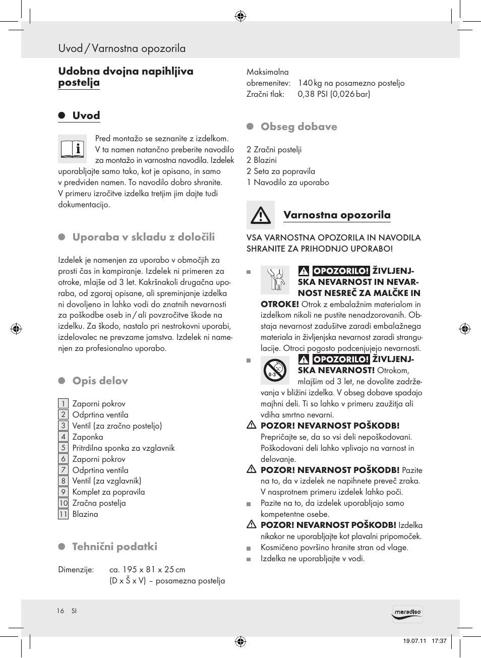 Uvod / varnostna opozorila, Udobna dvojna napihljiva postelja uvod, Uporaba v skladu z določili | Opis delov, Tehnični podatki, Obseg dobave, Varnostna opozorila | Meradiso Z30155 User Manual | Page 16 / 30
