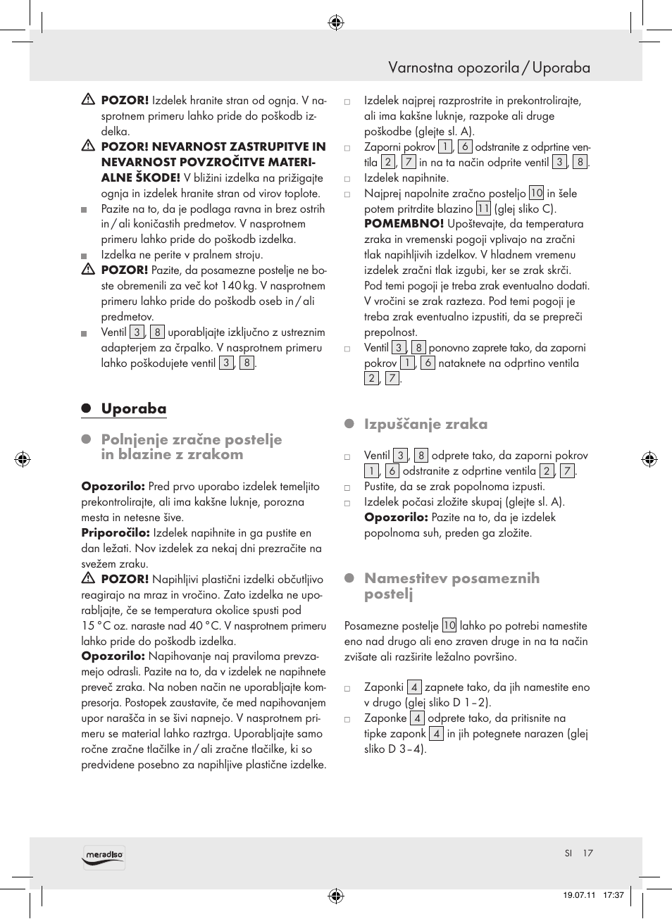 Varnostna opozorila / uporaba, Uporaba, Polnjenje zračne postelje in blazine z zrakom | Izpuščanje zraka, Namestitev posameznih postelj | Meradiso Z30155 User Manual | Page 17 / 30
