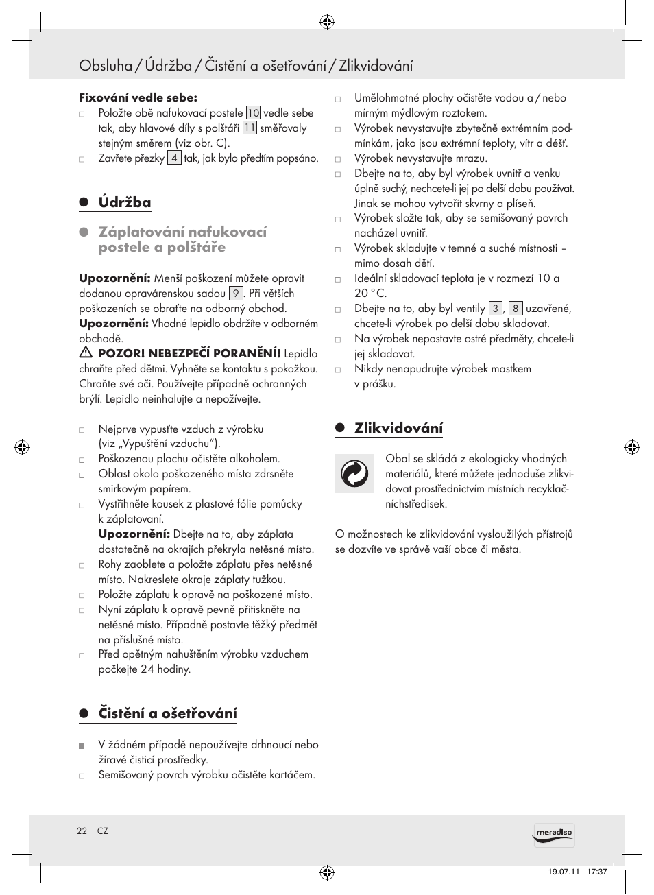 Údržba, Záplatování nafukovací postele a polštáře, Čistění a ošetřování | Zlikvidování | Meradiso Z30155 User Manual | Page 22 / 30
