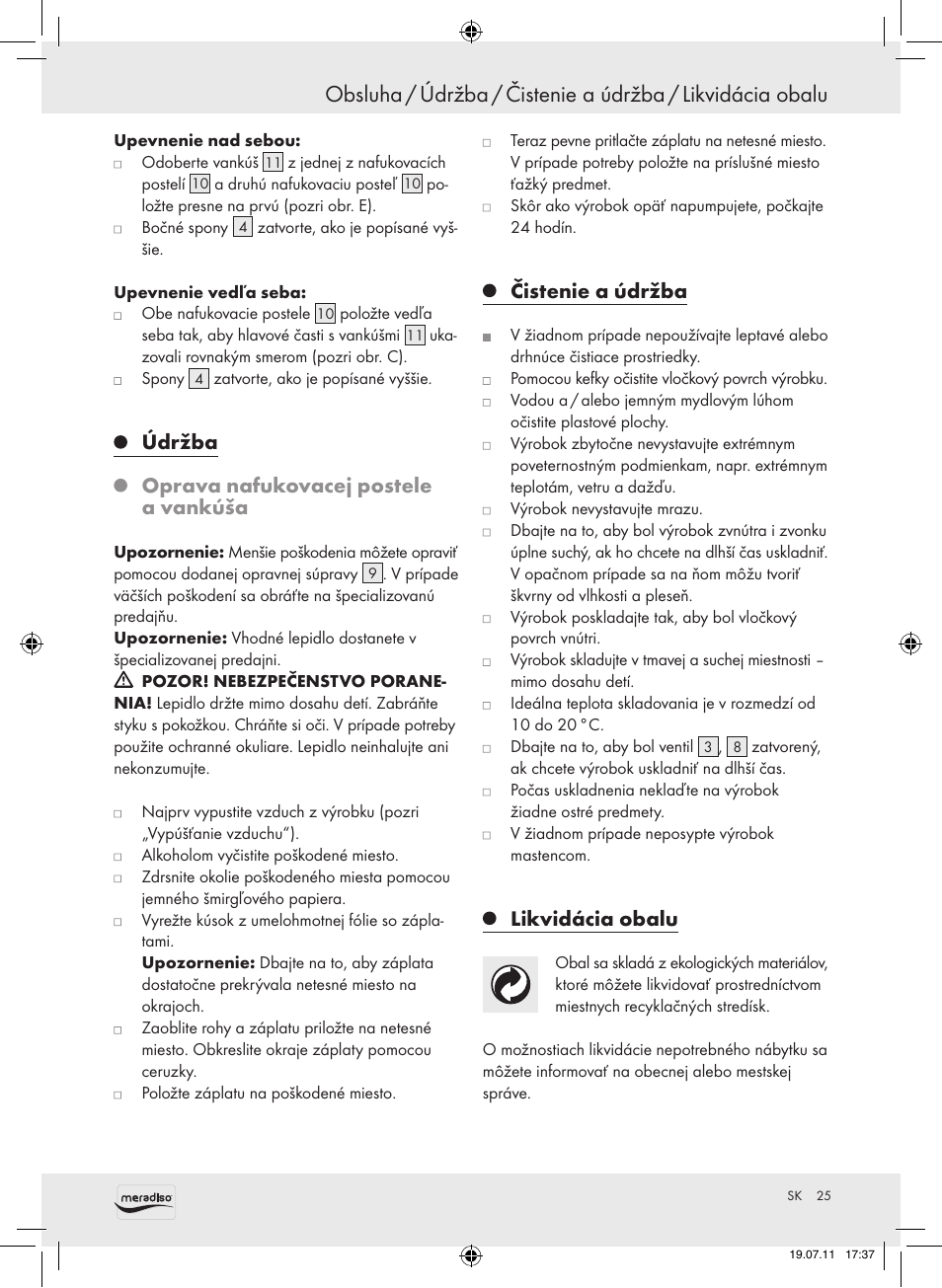 Údržba oprava nafukovacej postele a vankúša, Čistenie a údržba, Likvidácia obalu | Meradiso Z30155 User Manual | Page 25 / 30