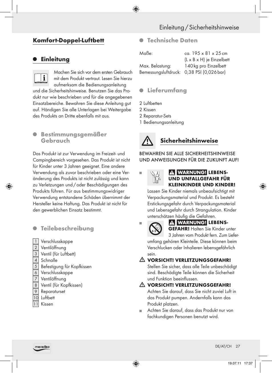 Einleitung / sicherheitshinweise, Komfort-doppel-luftbett einleitung, Bestimmungsgemäßer gebrauch | Teilebeschreibung, Technische daten, Lieferumfang, Sicherheitshinweise | Meradiso Z30155 User Manual | Page 27 / 30
