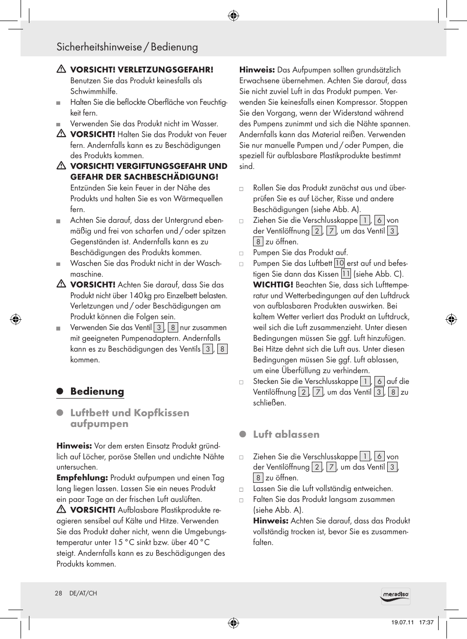 Sicherheitshinweise / bedienung, Bedienung, Luftbett und kopfkissen aufpumpen | Luft ablassen | Meradiso Z30155 User Manual | Page 28 / 30