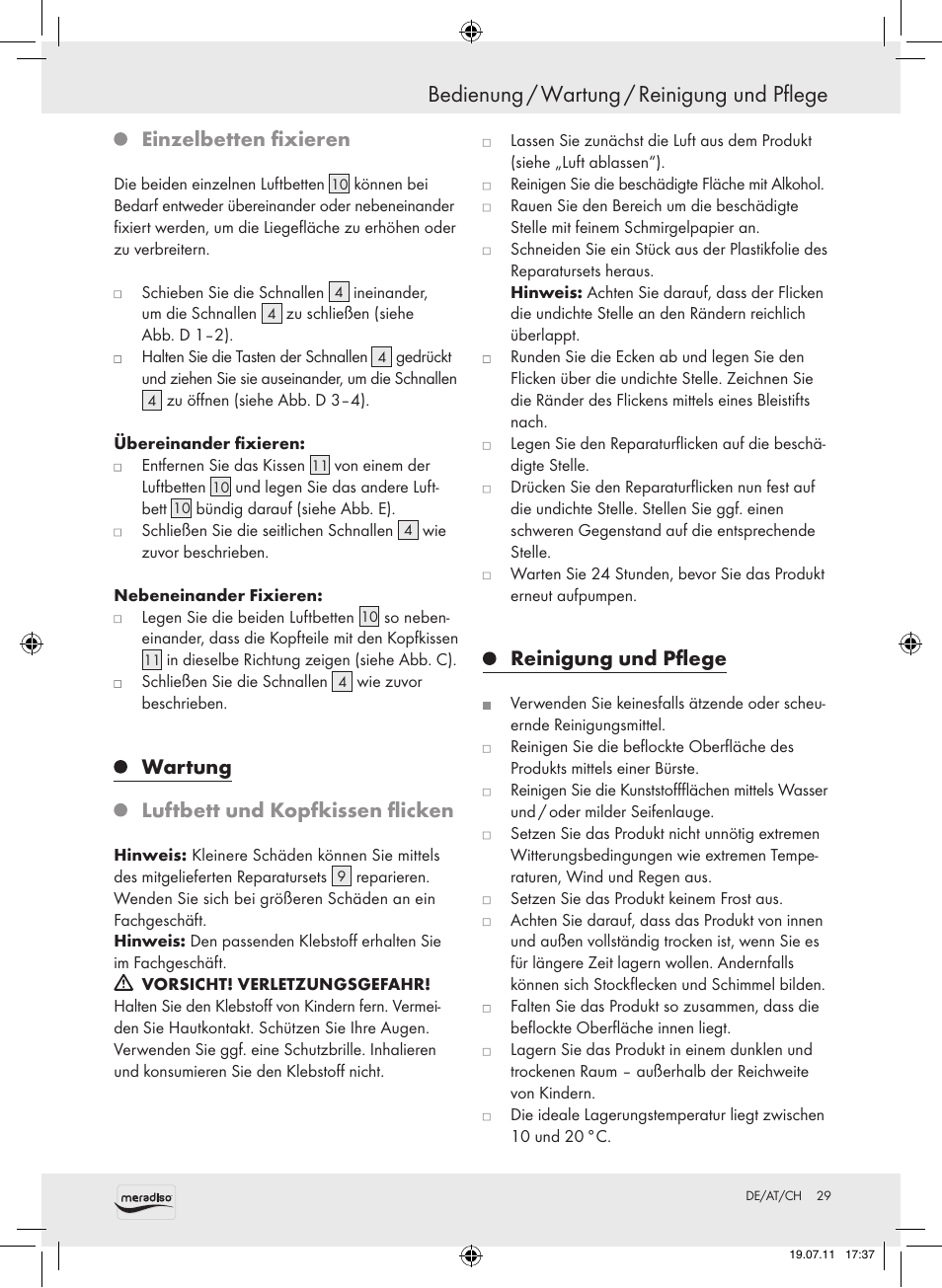 Bedienung / wartung / reinigung und pflege, Einzelbetten fixieren, Wartung luftbett und kopfkissen flicken | Reinigung und pflege | Meradiso Z30155 User Manual | Page 29 / 30