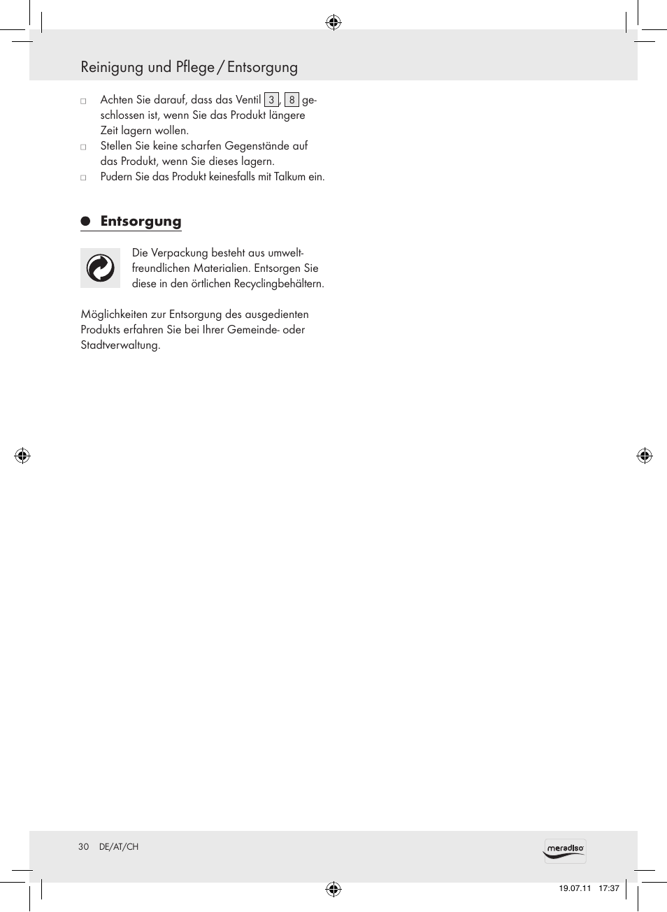 Reinigung und pflege / entsorgung, Entsorgung | Meradiso Z30155 User Manual | Page 30 / 30