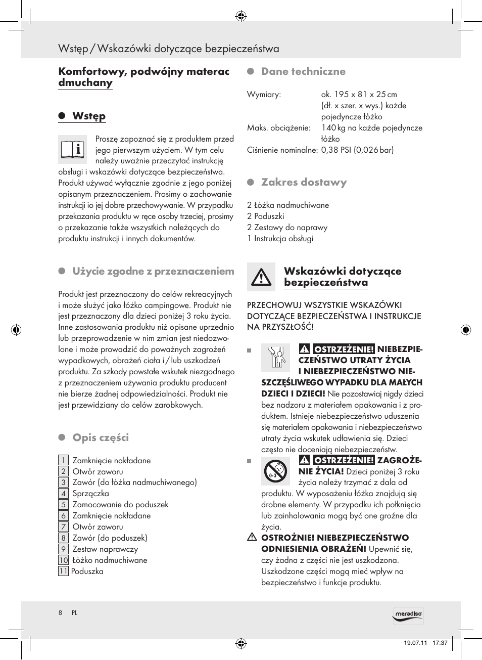 Wstęp / wskazówki dotyczące bezpieczeństwa, Komfortowy, podwójny materac dmuchany wstęp, Użycie zgodne z przeznaczeniem | Opis części, Dane techniczne, Zakres dostawy, Wskazówki dotyczące bezpieczeństwa | Meradiso Z30155 User Manual | Page 8 / 30