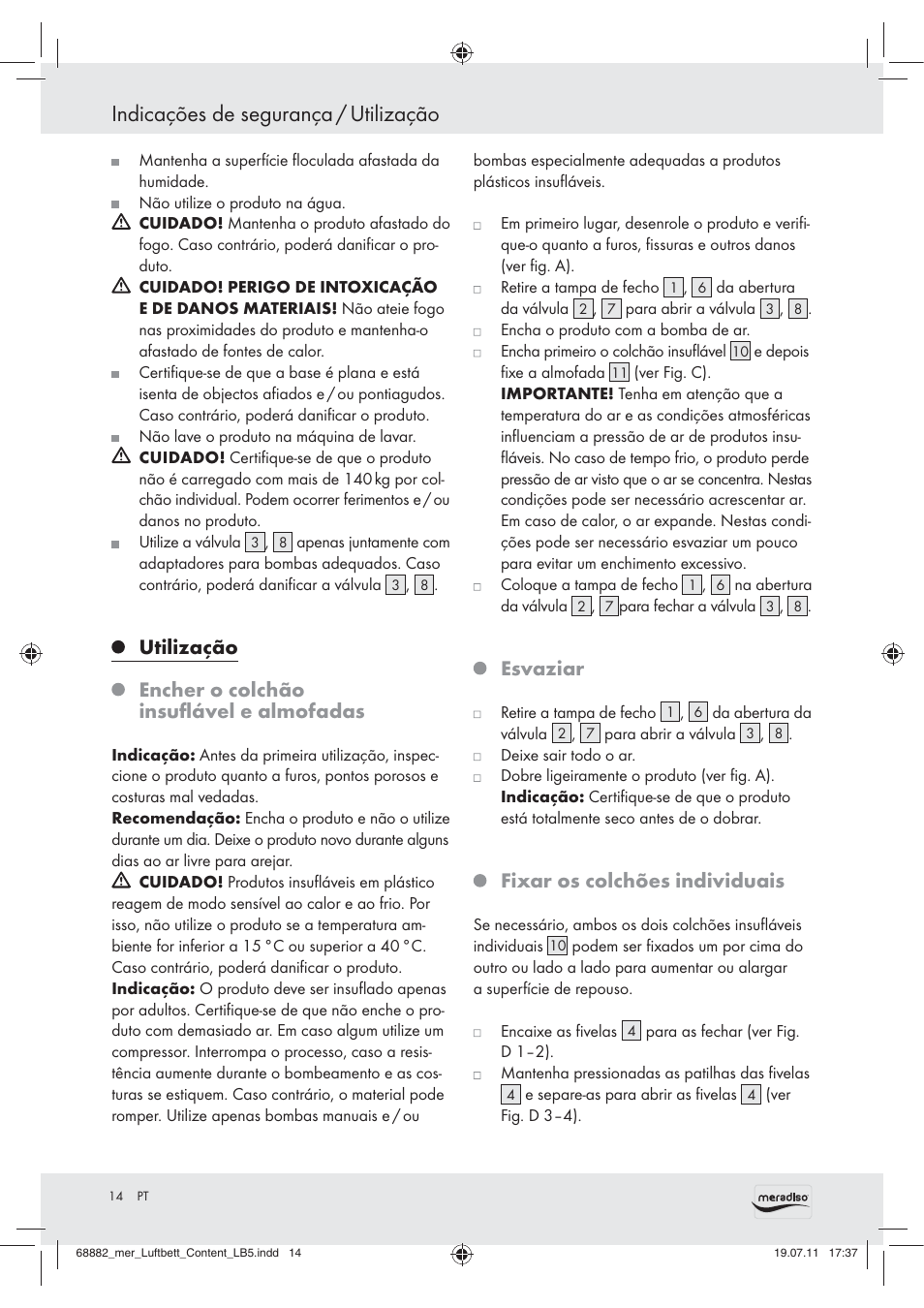 Indicações de segurança / utilização, Utilização, Encher o colchão insuﬂável e almofadas | Esvaziar, Fixar os colchões individuais | Meradiso Z30155 User Manual | Page 12 / 21