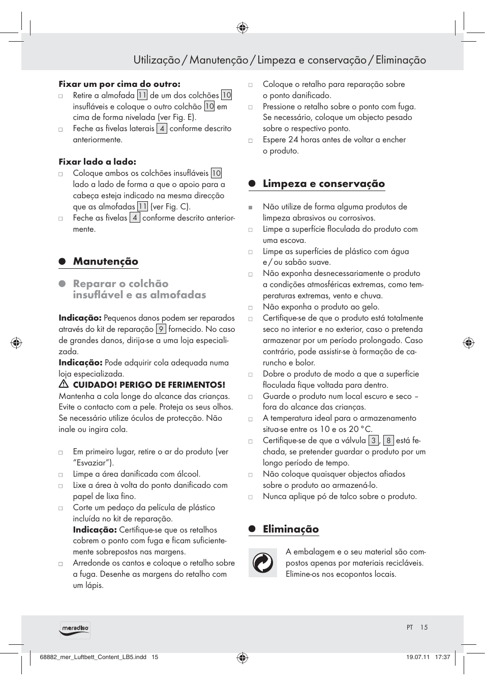 Manutenção, Reparar o colchão insuﬂável e as almofadas, Limpeza e conservação | Eliminação | Meradiso Z30155 User Manual | Page 13 / 21