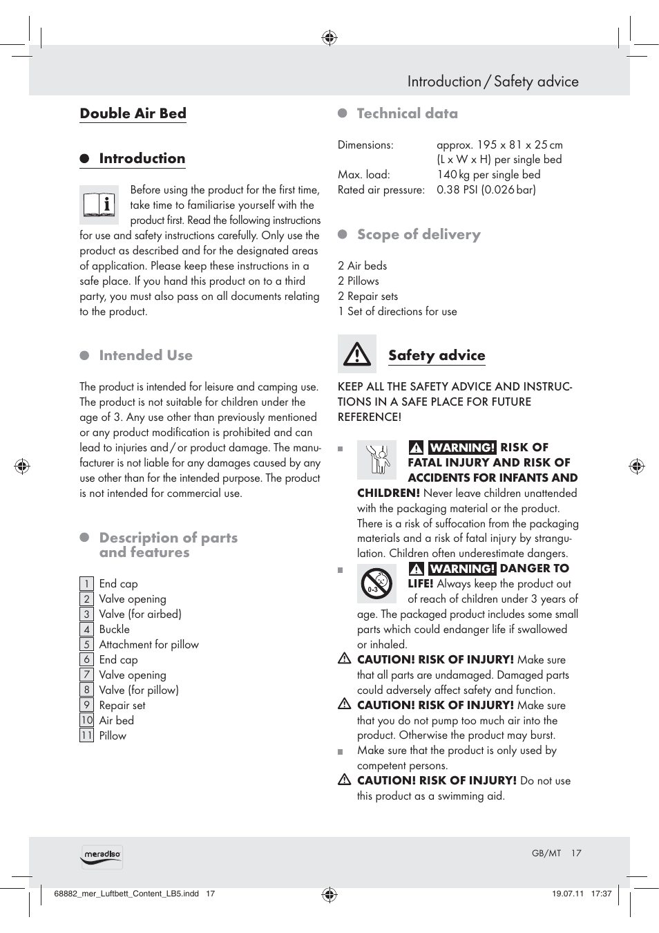 Introduction / safety advice, Double air bed introduction, Intended use | Description of parts and features, Technical data, Scope of delivery, Safety advice | Meradiso Z30155 User Manual | Page 15 / 21