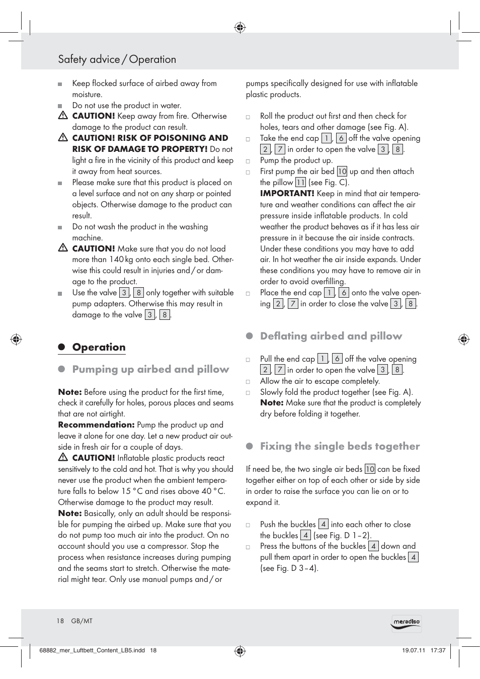 Safety advice / operation, Operation, Pumping up airbed and pillow | Deﬂating airbed and pillow, Fixing the single beds together | Meradiso Z30155 User Manual | Page 16 / 21