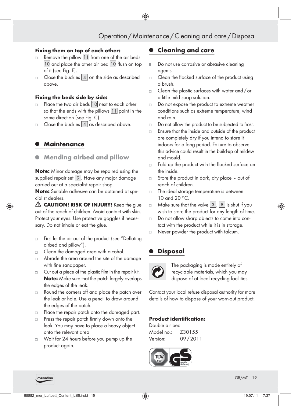 Maintenance, Mending airbed and pillow, Cleaning and care | Disposal | Meradiso Z30155 User Manual | Page 17 / 21