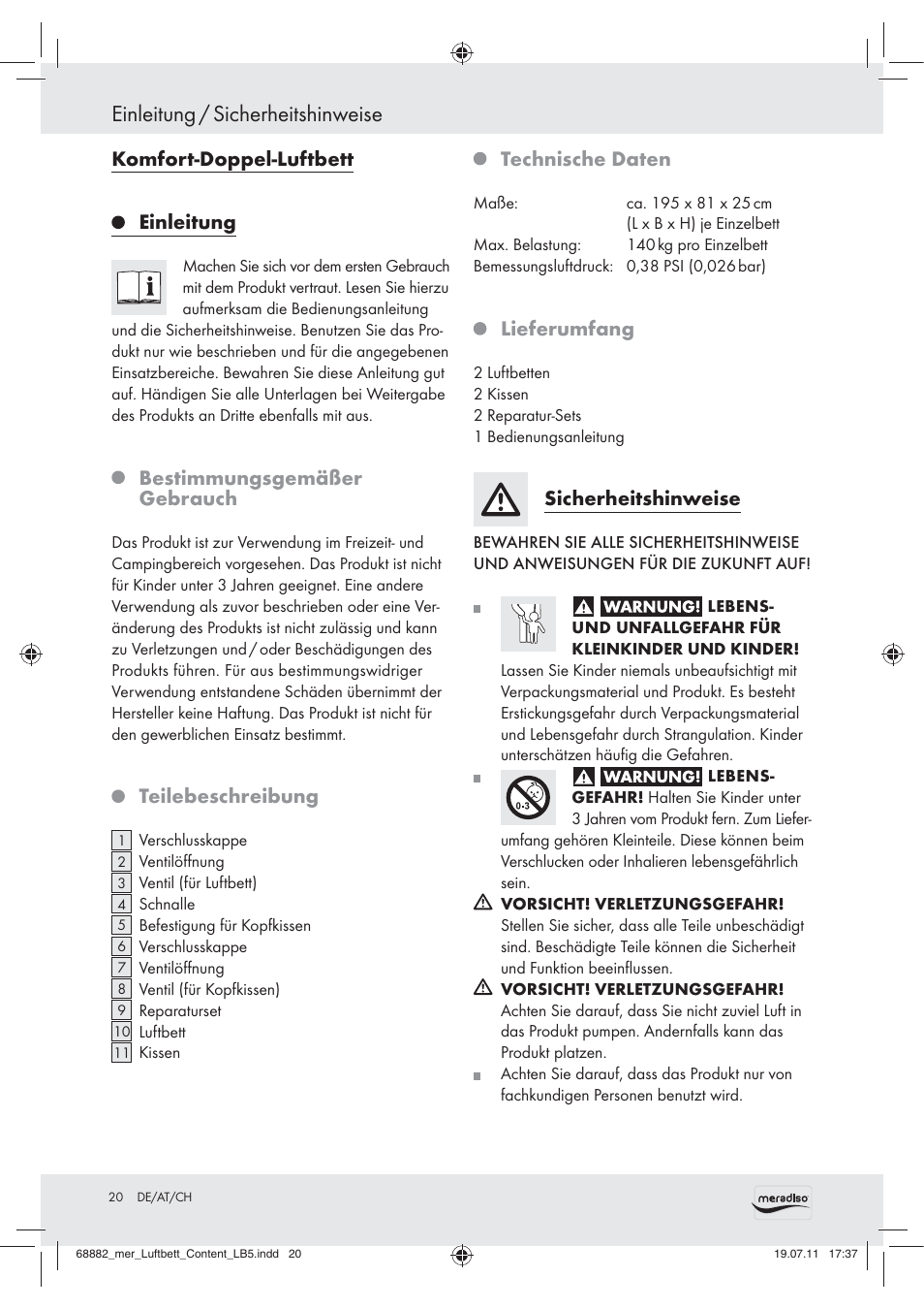 Einleitung / sicherheitshinweise, Komfort-doppel-luftbett einleitung, Bestimmungsgemäßer gebrauch | Teilebeschreibung, Technische daten, Lieferumfang, Sicherheitshinweise | Meradiso Z30155 User Manual | Page 18 / 21