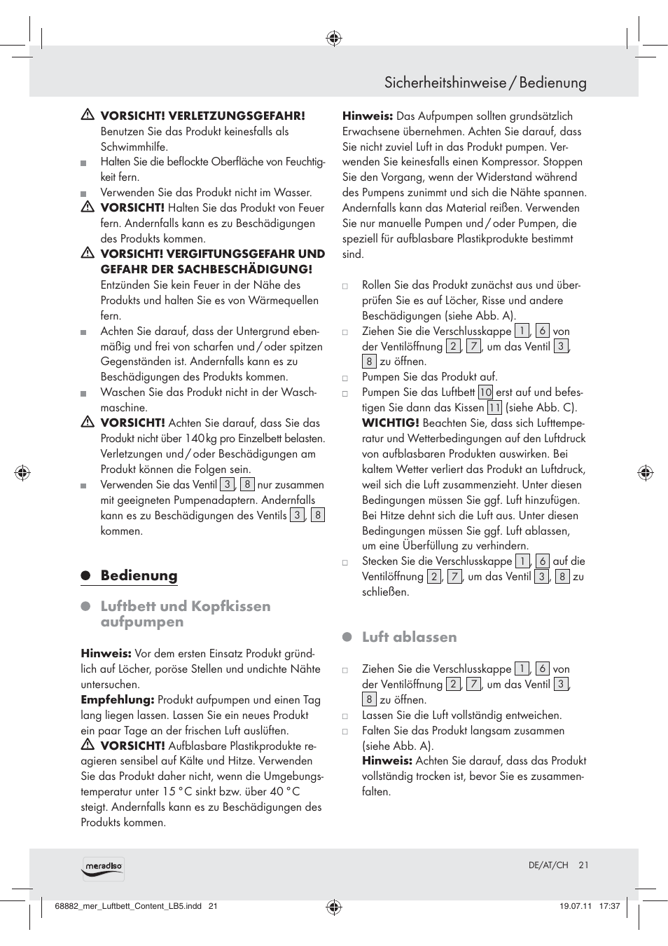 Sicherheitshinweise / bedienung, Bedienung, Luftbett und kopfkissen aufpumpen | Luft ablassen | Meradiso Z30155 User Manual | Page 19 / 21