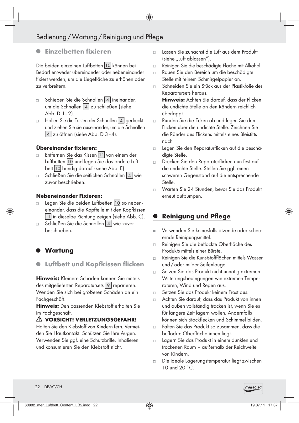 Bedienung / wartung / reinigung und pflege, Einzelbetten ﬁxieren, Wartung luftbett und kopfkissen ﬂicken | Reinigung und pﬂege | Meradiso Z30155 User Manual | Page 20 / 21