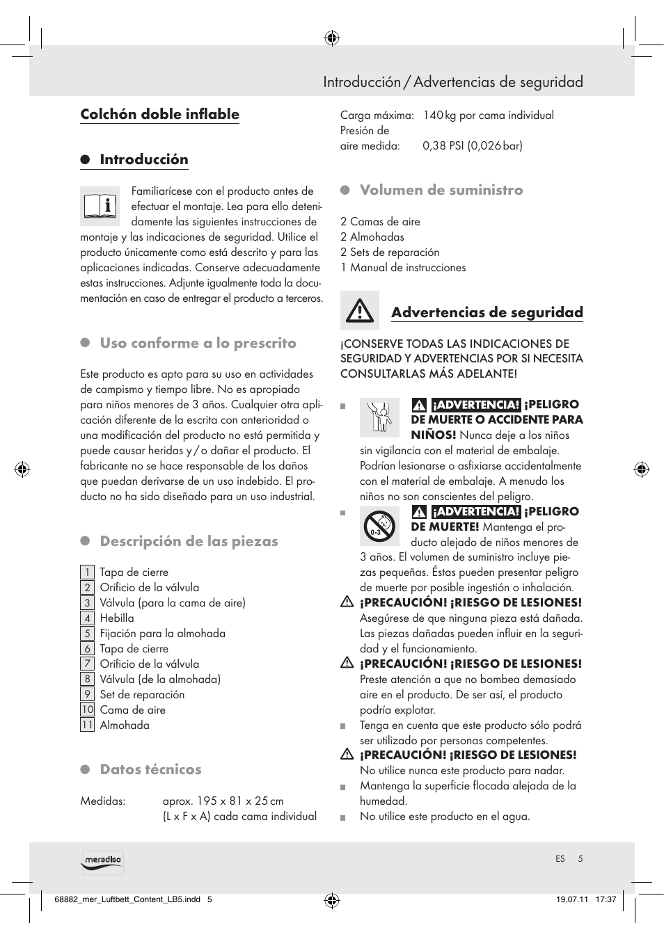 Introducción / advertencias de seguridad, Colchón doble inﬂable introducción, Uso conforme a lo prescrito | Descripción de las piezas, Datos técnicos, Volumen de suministro, Advertencias de seguridad | Meradiso Z30155 User Manual | Page 3 / 21