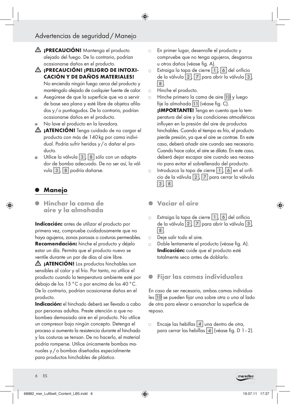 Advertencias de seguridad / manejo, Manejo, Hinchar la cama de aire y la almohada | Vaciar el aire, Fijar las camas individuales | Meradiso Z30155 User Manual | Page 4 / 21