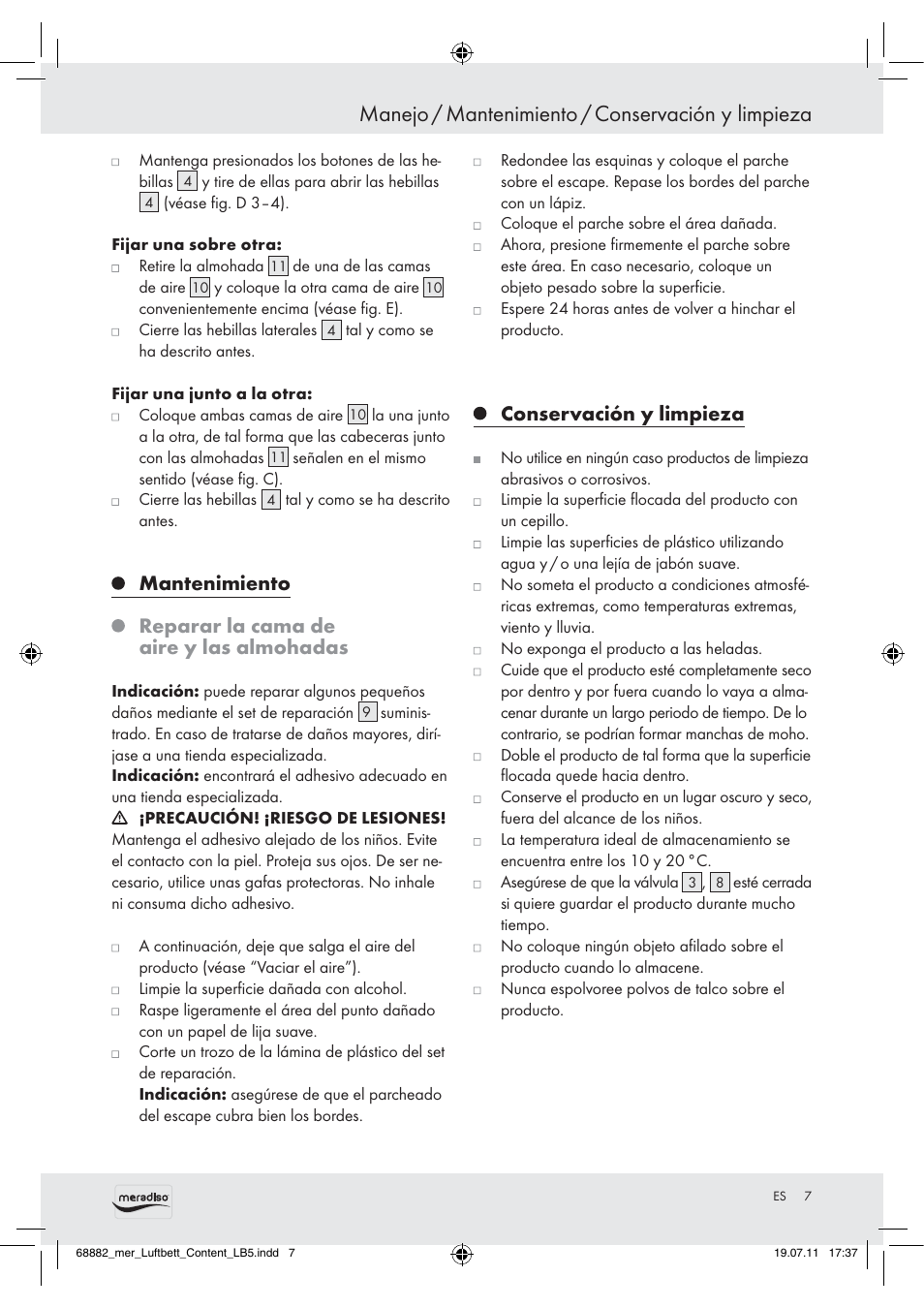 Manejo / mantenimiento / conservación y limpieza, Mantenimiento, Reparar la cama de aire y las almohadas | Conservación y limpieza | Meradiso Z30155 User Manual | Page 5 / 21